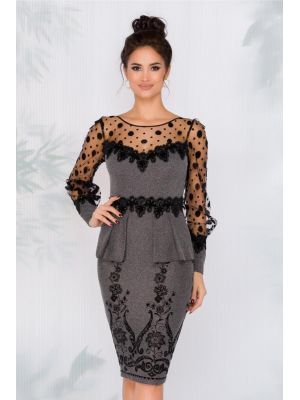 Rochie MBG gri cu peplum si broderie florala poza 0