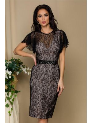 Rochie Arina bej accesorizata cu dantela neagra si cordon in talie poza 0