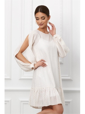 Rochie LaDonna by DYFashion ivory cu maneci lungi despicate si insertii aurii poza 0