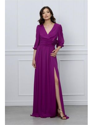 Rochie DY Fashion lunga magenta cu floare in talie poza 0