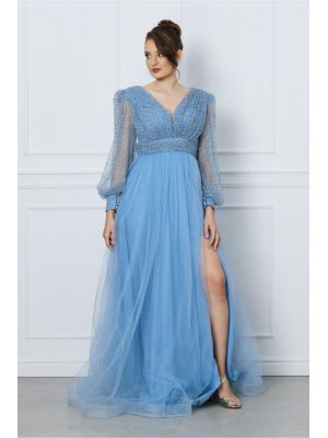 Rochie Julie lunga bleu din tull cu strasuri la bust poza 0