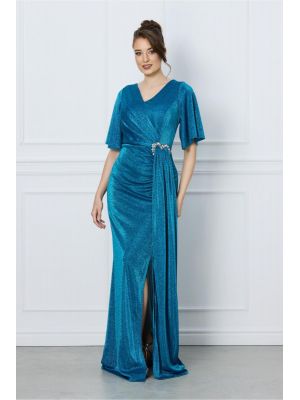Rochie Roxi lunga din lurex turcoaz cu accesoriu in talie poza 0