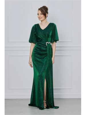 Rochie Roxi lunga din lurex verde cu accesoriu in talie poza 0