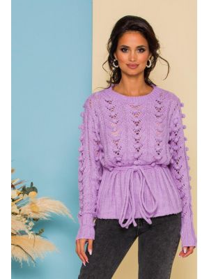 Pulover Delia lila cu ciucuri pom-pom si snur in talie poza 0