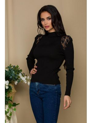 Bluza Iuliana neagra din tricot reiat cu insertii din dantela transparenta la umeri poza 0