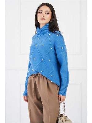 Pulover Doris bleu cu guler intors si perle poza 0