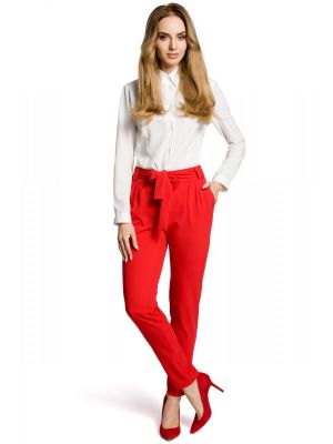 Pantaloni eleganti, rosii, cu cordon in talie poza 0
